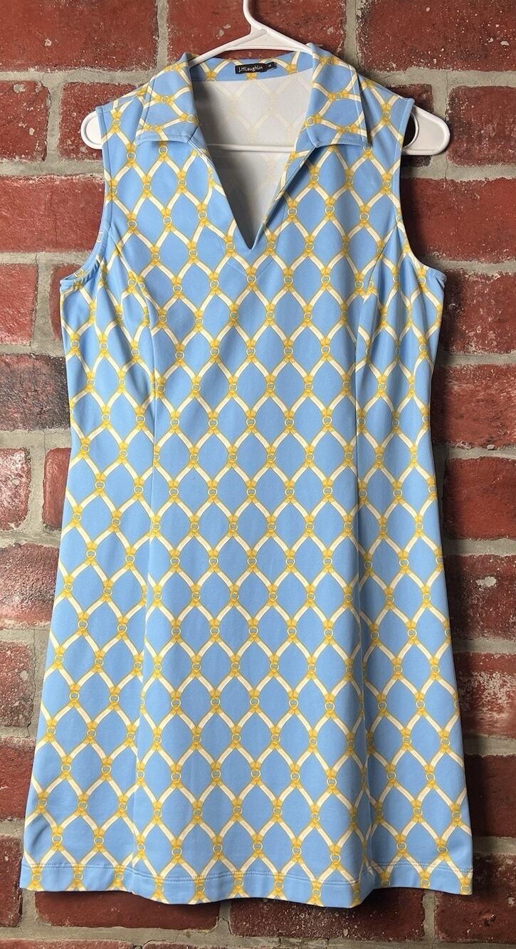 J McLaughlin Catalina Cloth Dress Blue Gold Sleeveless Collared Size Medium